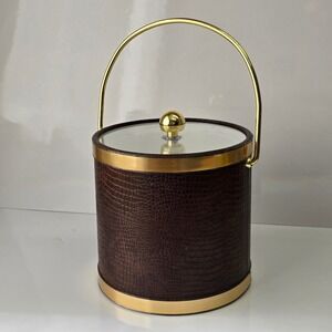 Kraftware Ice Bucket Brown Faux Croc Gold Trim‎ Mid Century Modern MCM